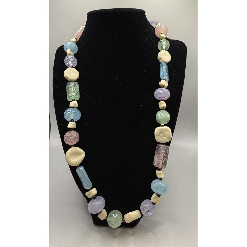 Vintage Pastel Carved Bead Necklace 24" Textured Beads Spring Easter